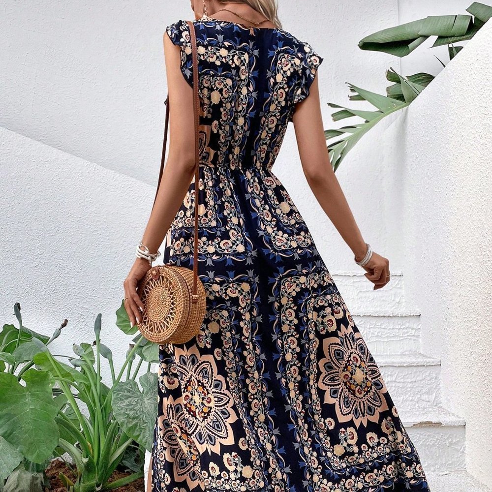 Navy Blue Casual Womens Scarf Print Ruffle Trim Split Thigh Dress Without Belt - Picture 3 of 6